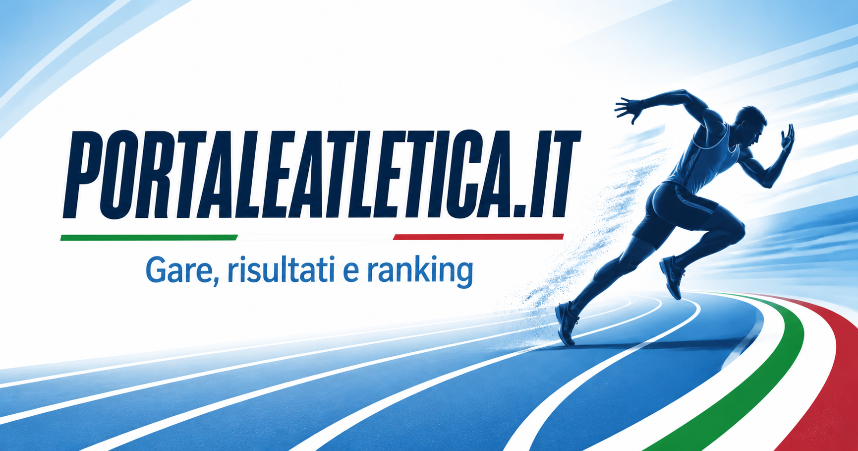 PortaleAtletica.it: atleta in accelerazione su una pista azzurra con corsie tricolori